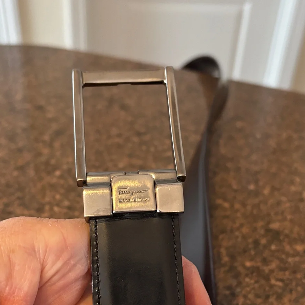Salvatore Ferragamo Brown Black Leather Reversible Silver Buckle Belt